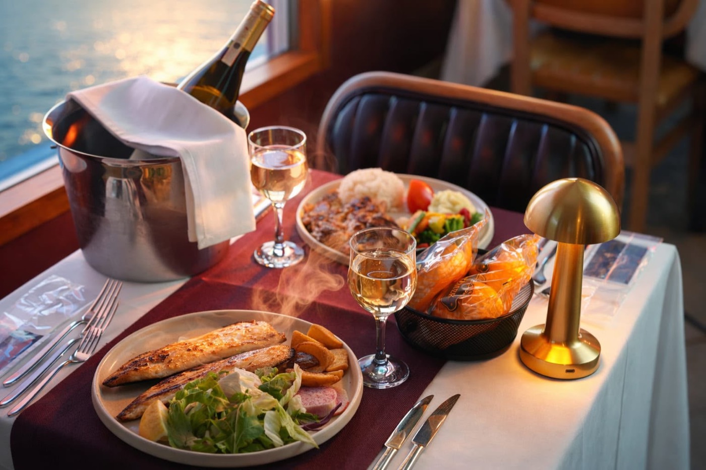 Peixe grelhado com salada e vinho, mesa com vista para o Bósforo