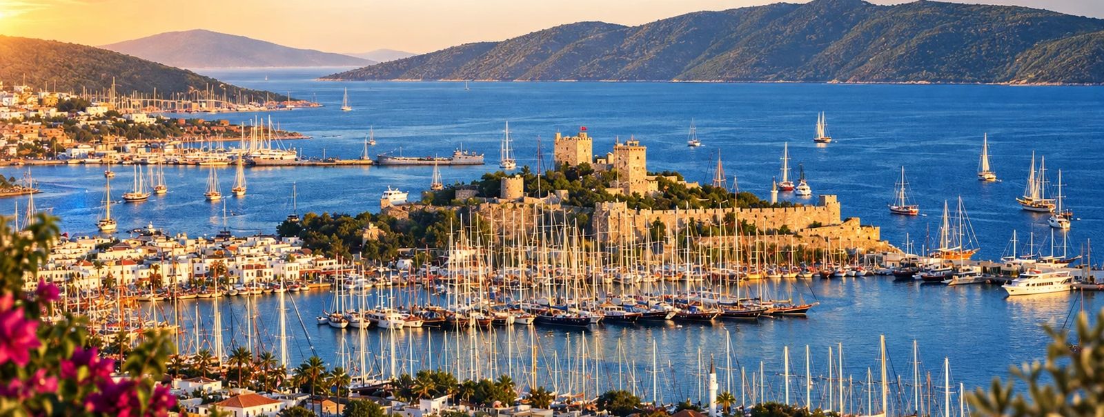 Castelo de São Pedro e a marina de Bodrum ao pôr do sol