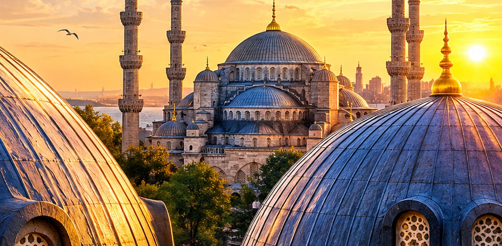 Mesquita Azul e cúpulas de Istambul ao pôr do sol